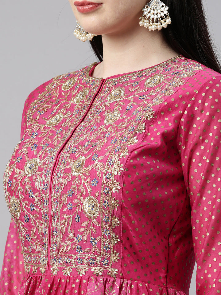 Neerus Pink Chanderi Cotton Embroidered Anarkali Kurta Set - back view