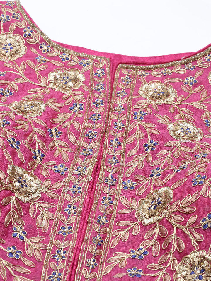 Neerus Pink Chanderi Cotton Embroidered Anarkali Kurta Set - detail view 1