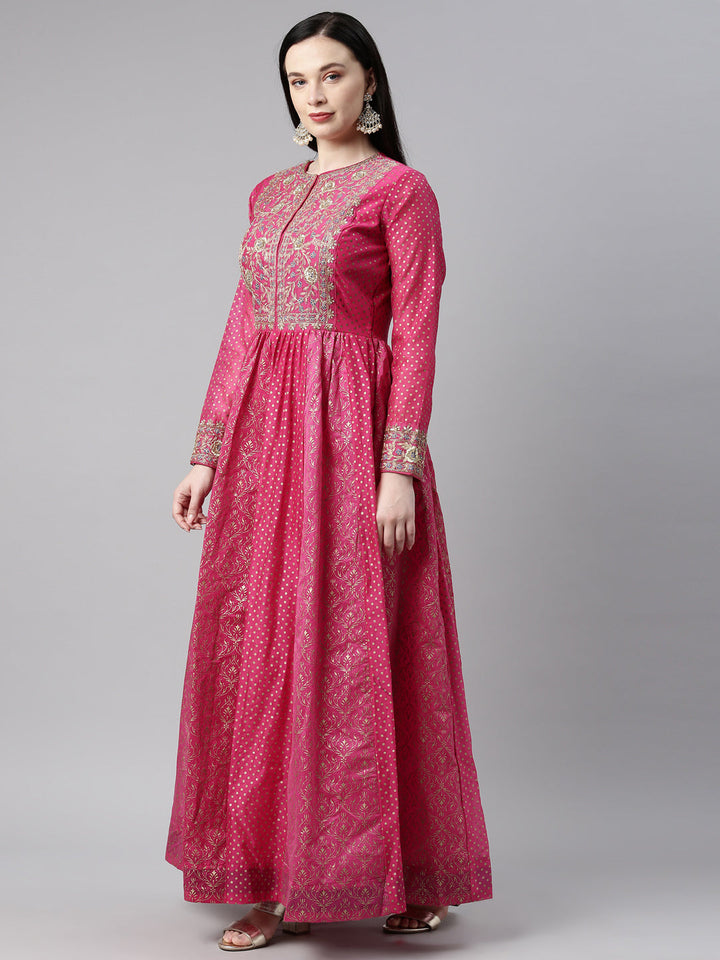 Neerus Pink Chanderi Cotton Embroidered Anarkali Kurta Set - detail view 5