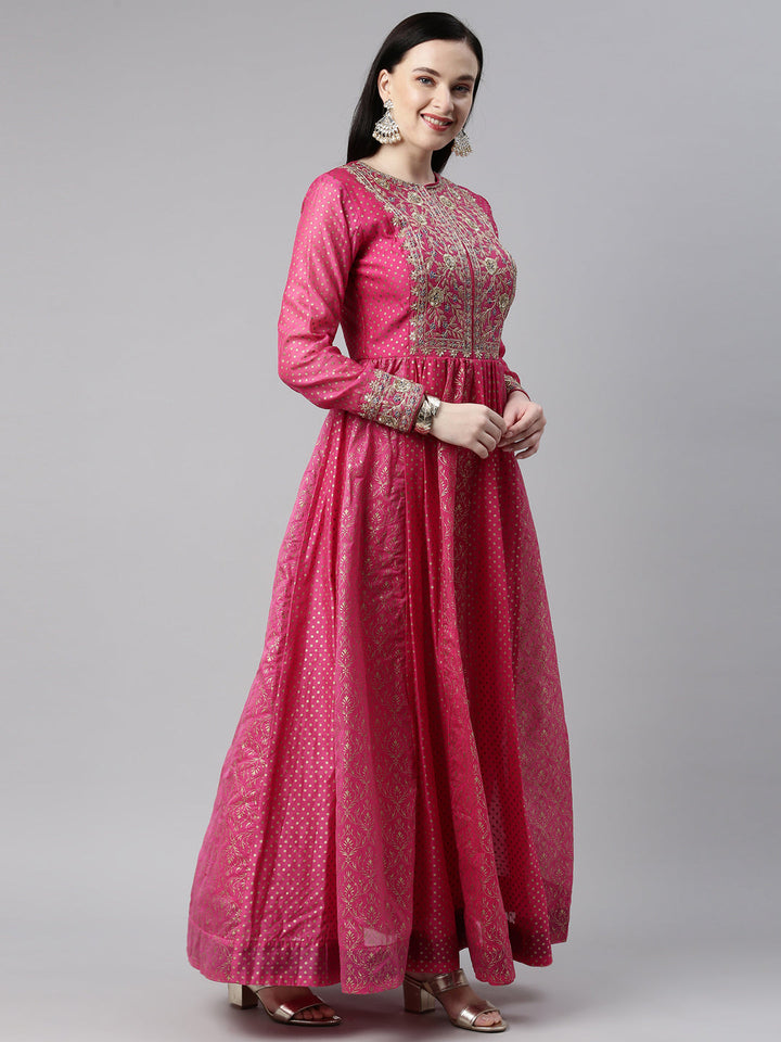 Neerus Pink Chanderi Cotton Embroidered Anarkali Kurta Set - detail view 6