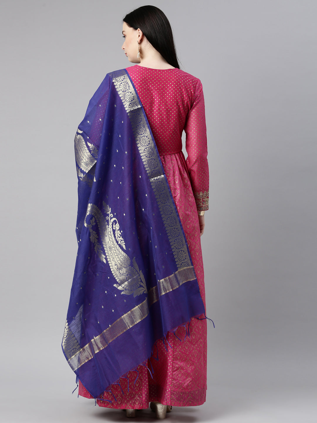 Neerus Pink Chanderi Cotton Embroidered Anarkali Kurta Set - detail view 7