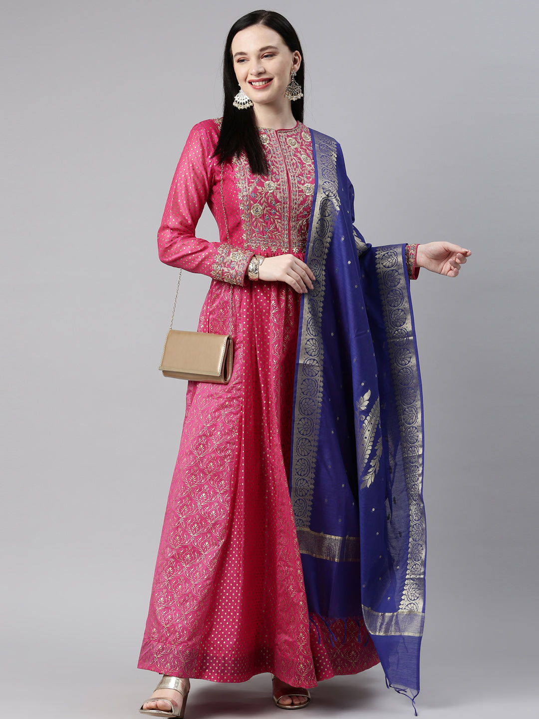 Neerus Pink Chanderi Cotton Embroidered Anarkali Kurta Set - detail view 8