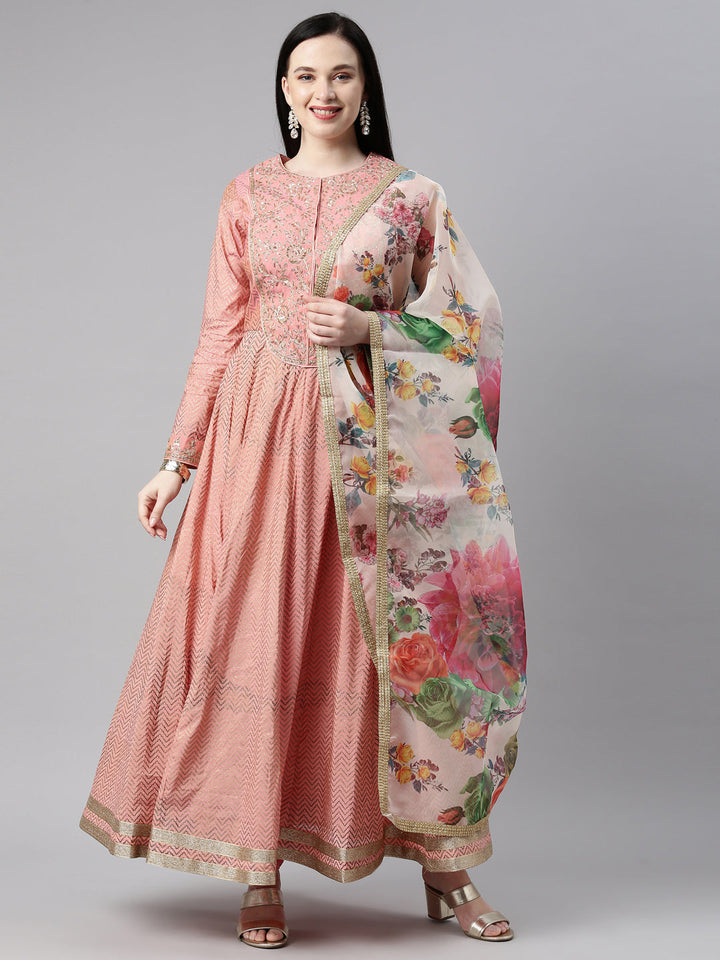 Neerus Orange Chanderi Printed Kurta Set - front view