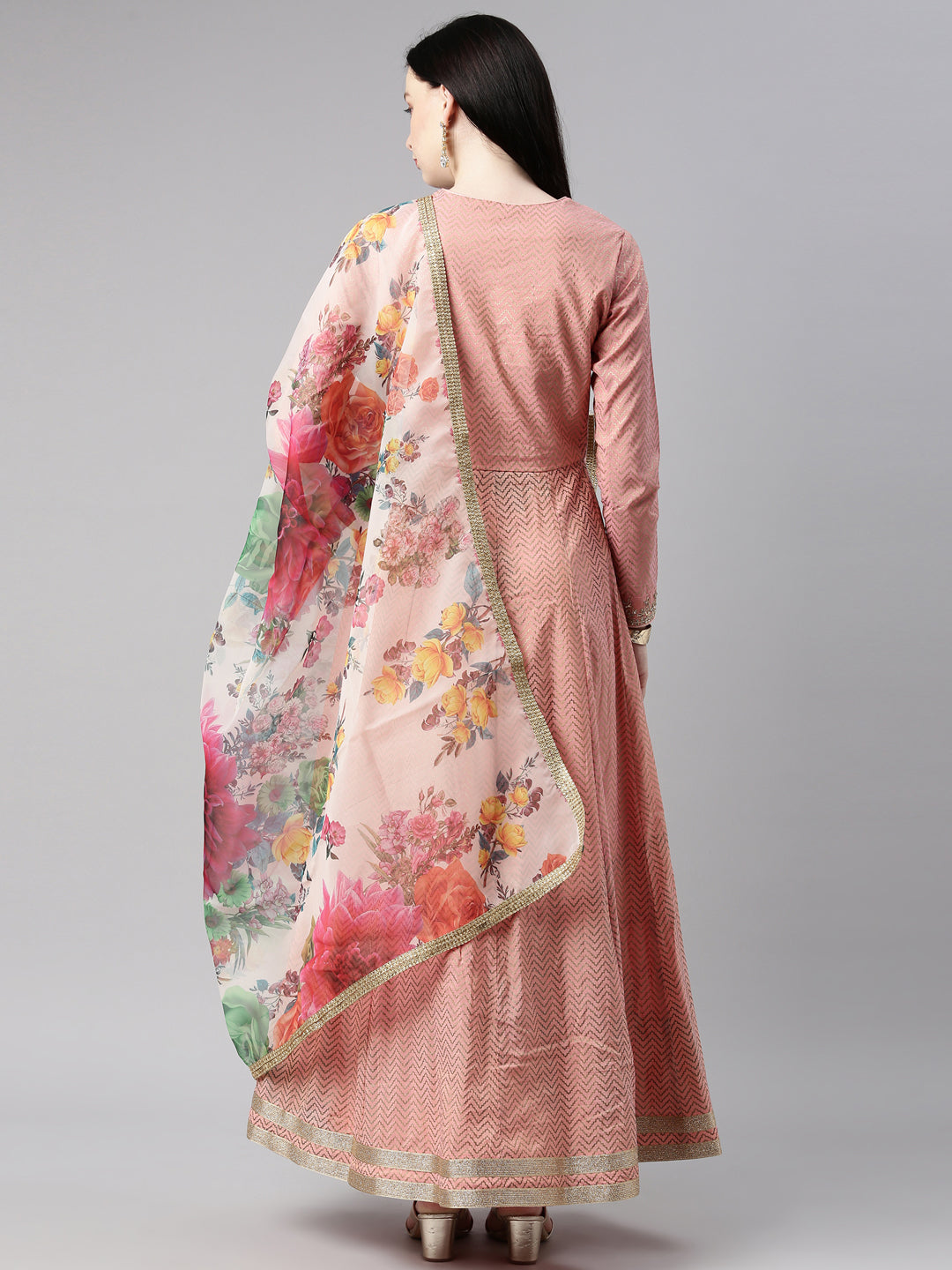 Neerus Orange Chanderi Printed Kurta Set - detail view 7