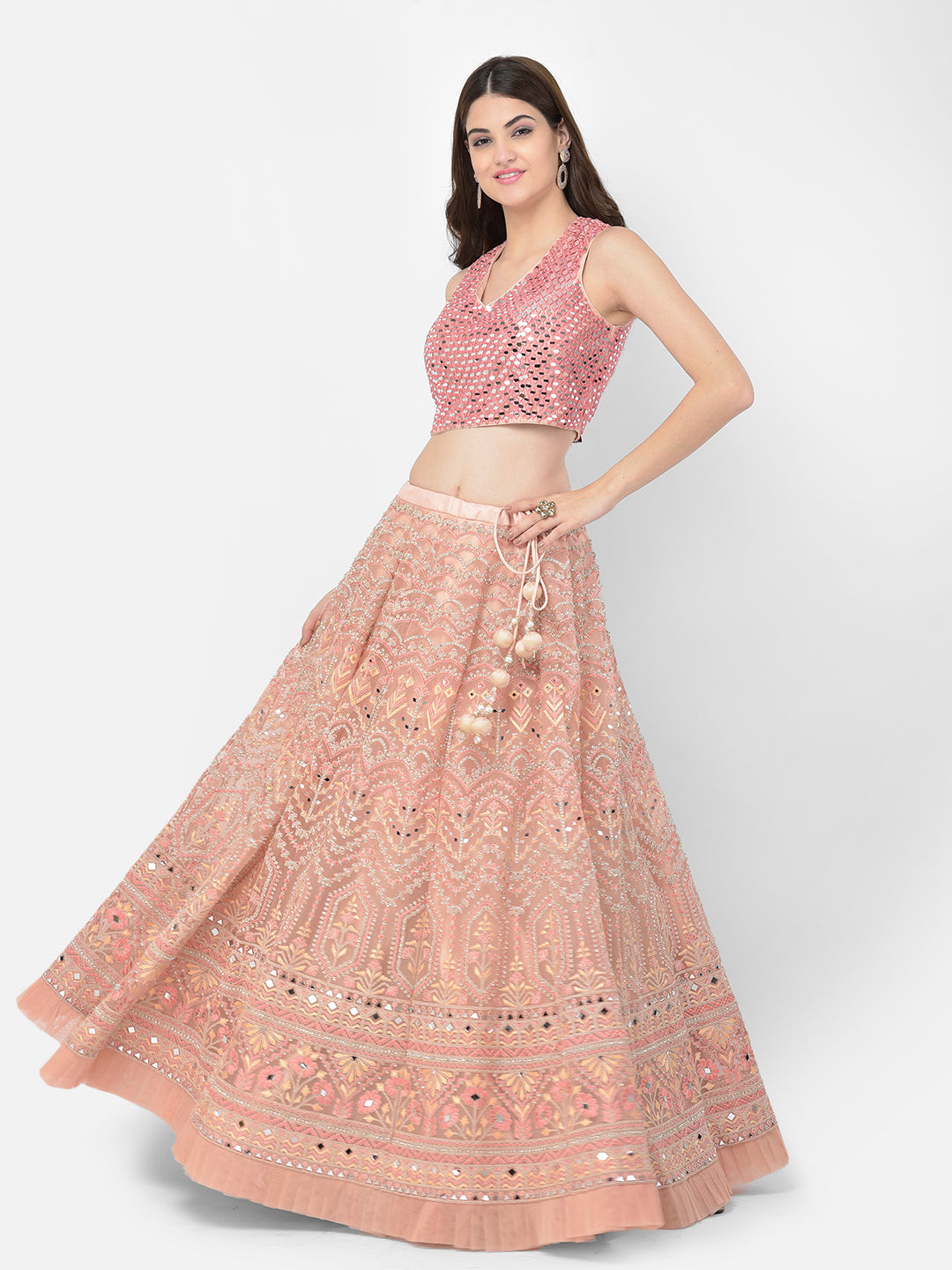 Neerus Pink net embellished lehenga choli - front view