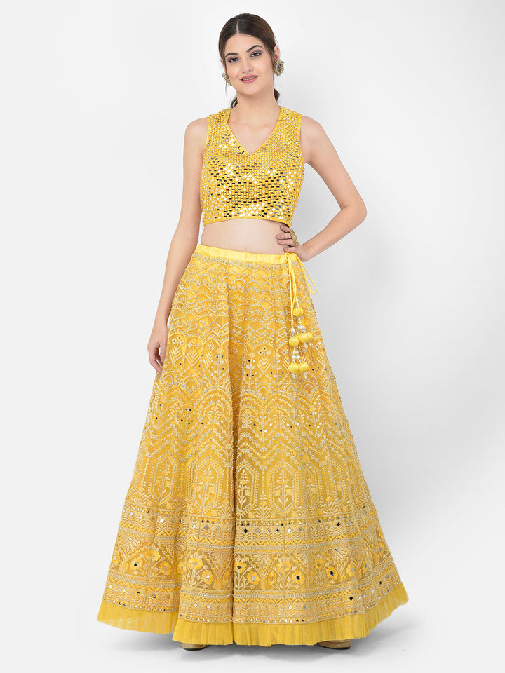 Neerus Yellow net embellished lehenga choli set - front view
