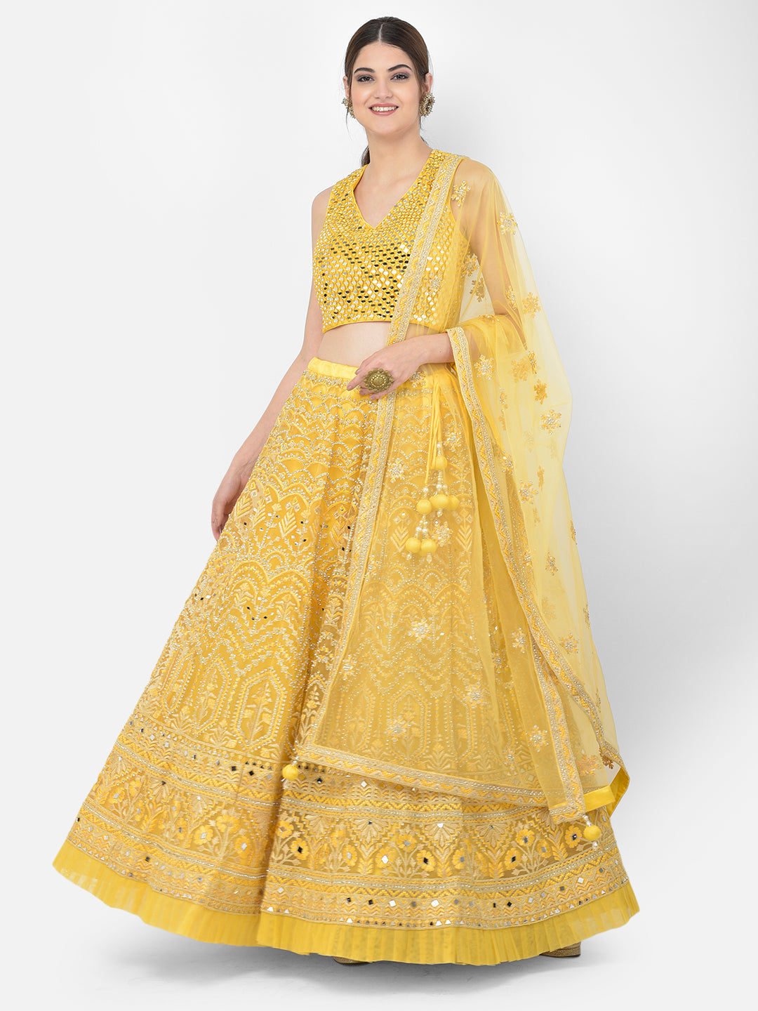 Neerus Yellow net embellished lehenga choli set - detail view 5