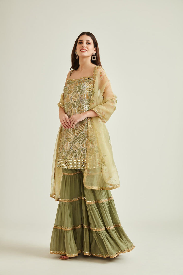Neerus Green georgette embellished kurta set with sharara and dupatta - front view