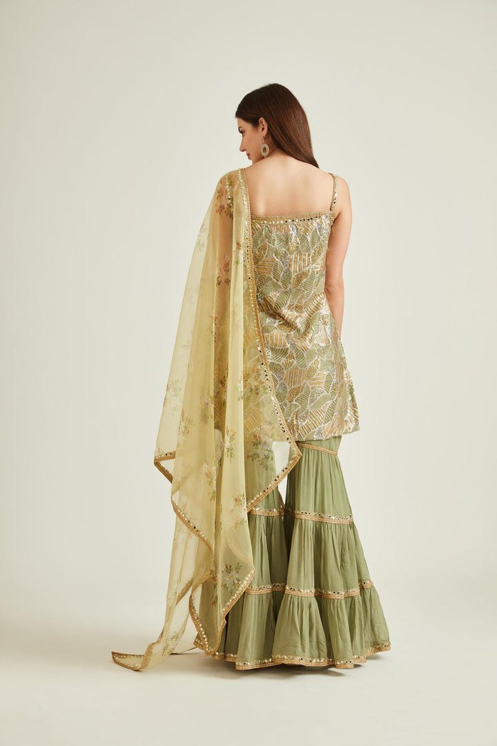 Neerus Green georgette embellished kurta set with sharara and dupatta - back view