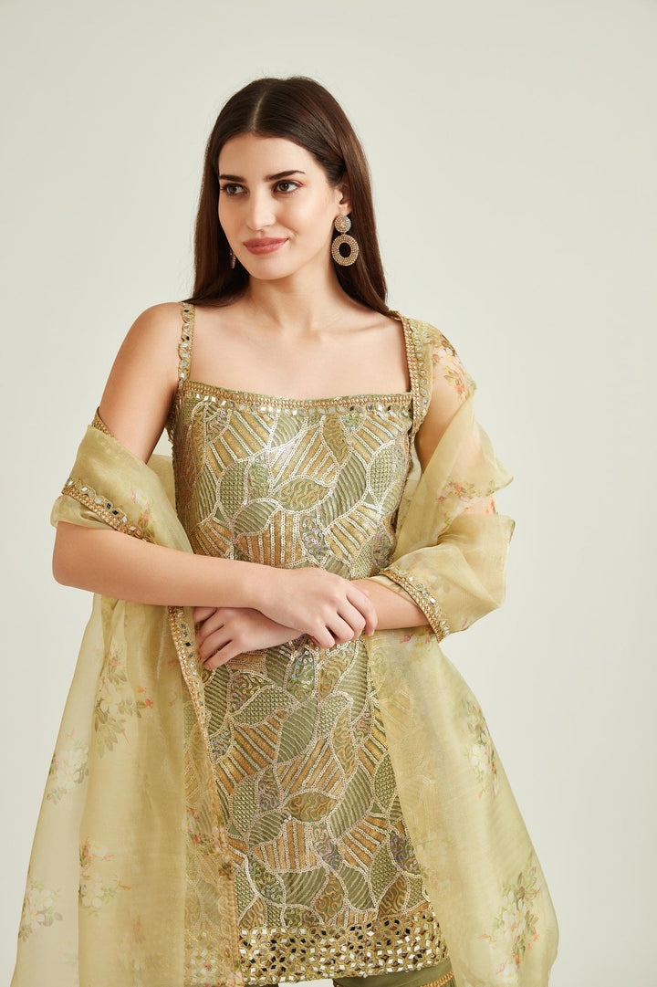 Neerus Green georgette embellished kurta set with sharara and dupatta - side view