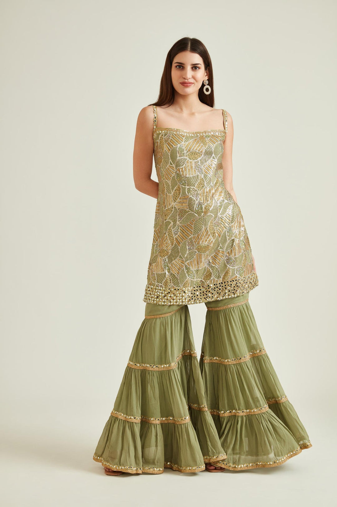 Neerus Green georgette embellished kurta set with sharara and dupatta - detail view 1