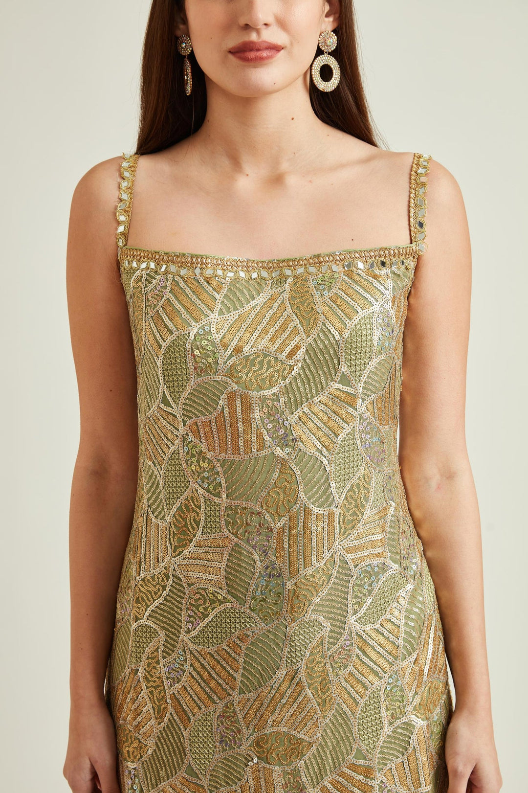 Neerus Green georgette embellished kurta set with sharara and dupatta - detail view 2