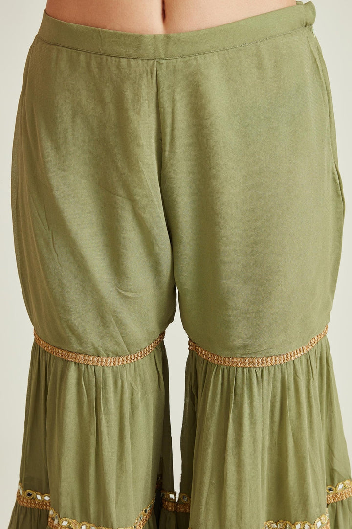 Neerus Green georgette embellished kurta set with sharara and dupatta - detail view 3