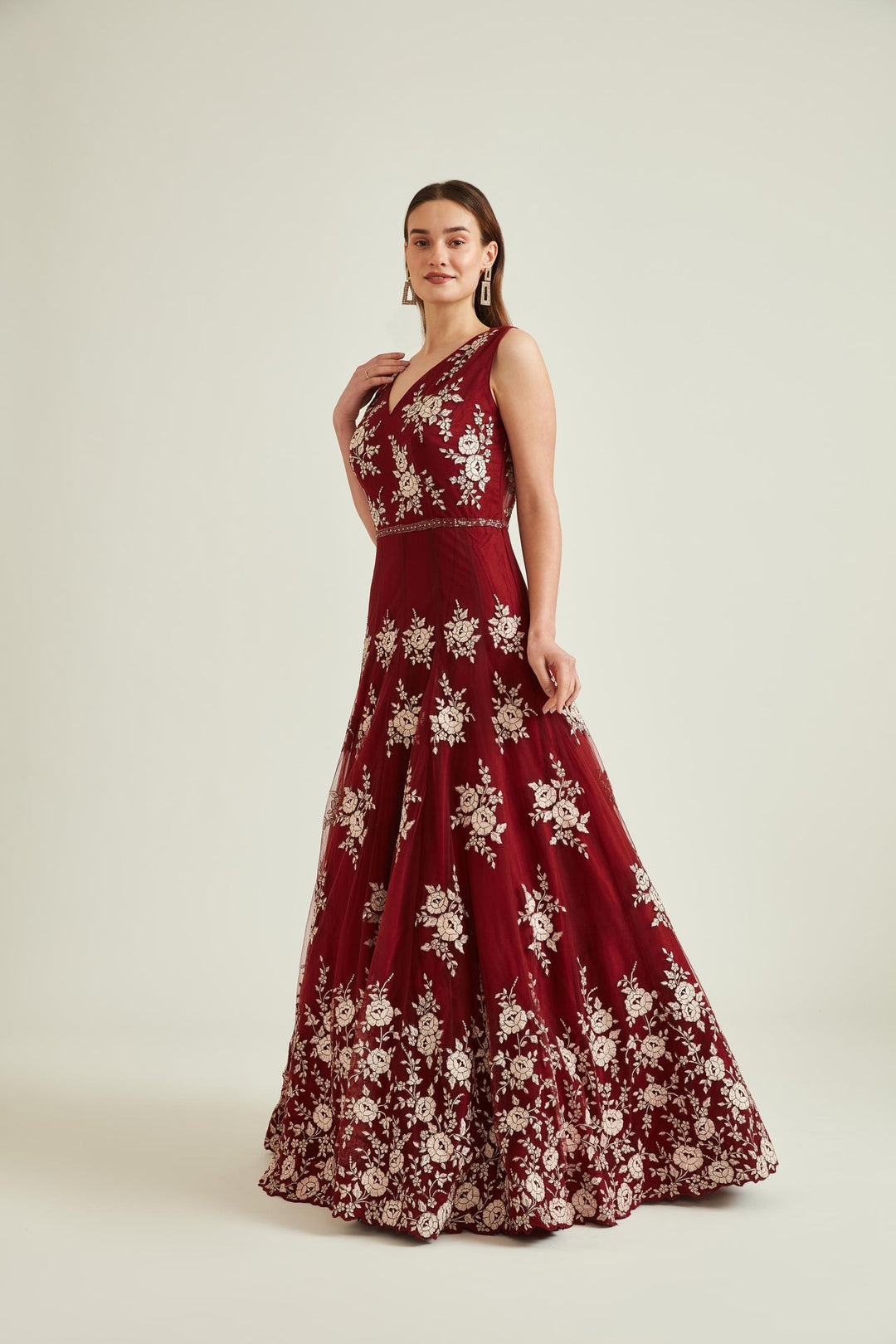 Neerus Maroon net embroidered gown - front view