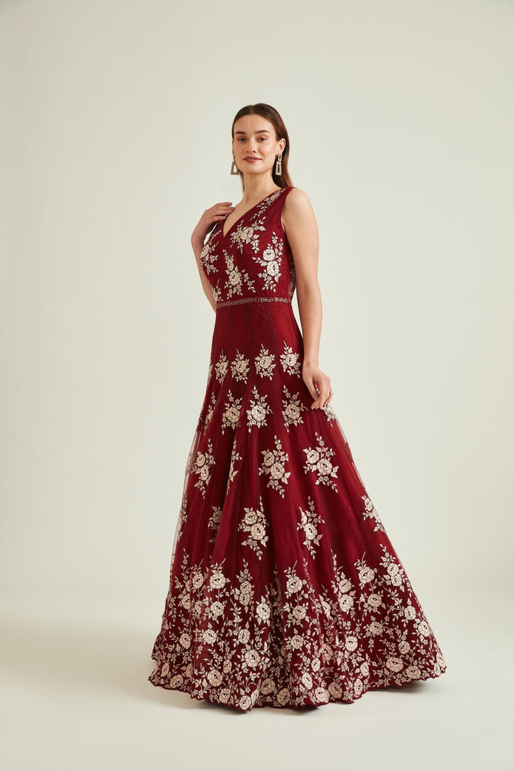 Neerus Maroon net embroidered gown - front view