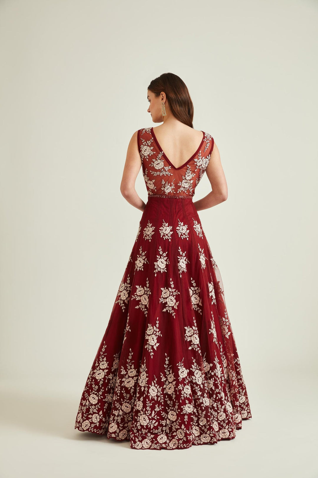 Neerus Maroon net embroidered gown - back view