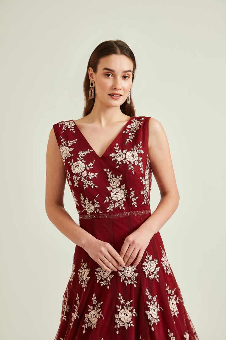 Neerus Maroon net embroidered gown - side view