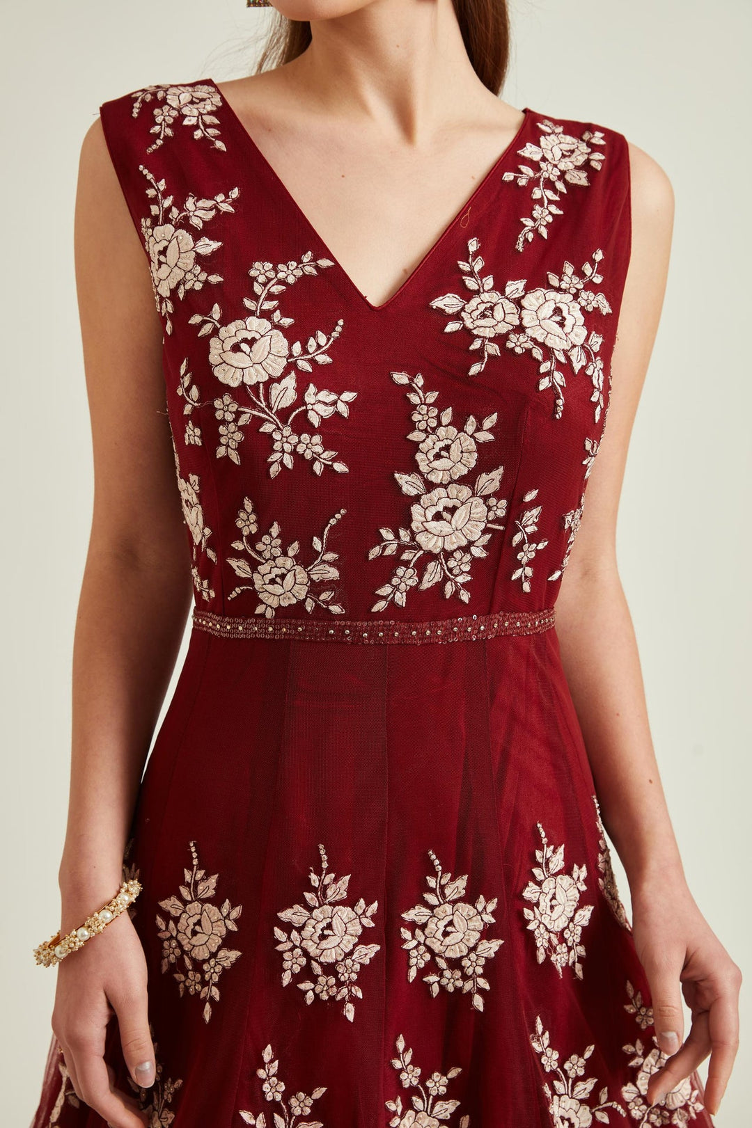 Neerus Maroon net embroidered gown - detail view 1