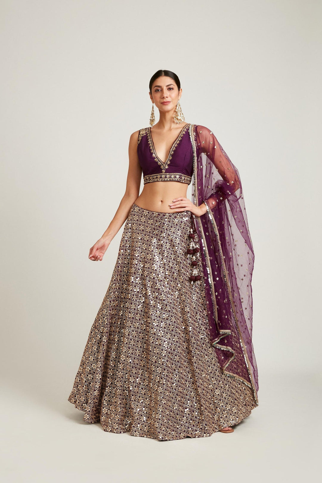 Neerus Purple georgette embroidered lehenga choli set - front view