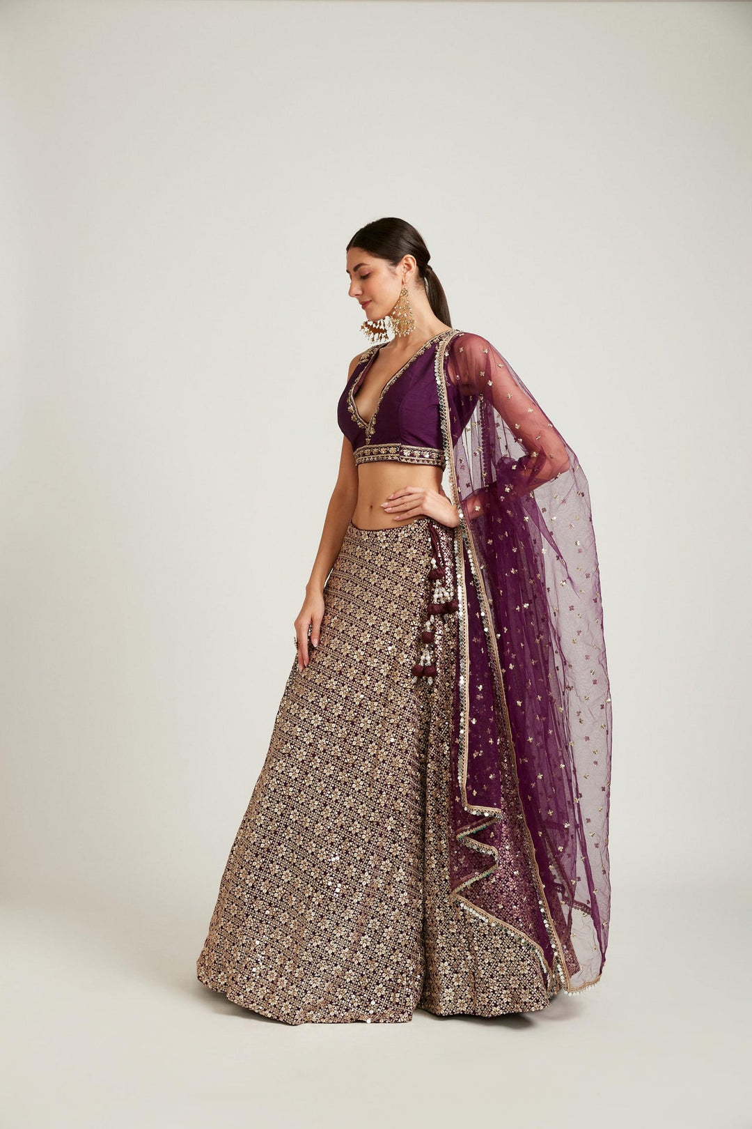 Neerus Purple georgette embroidered lehenga choli set - back view