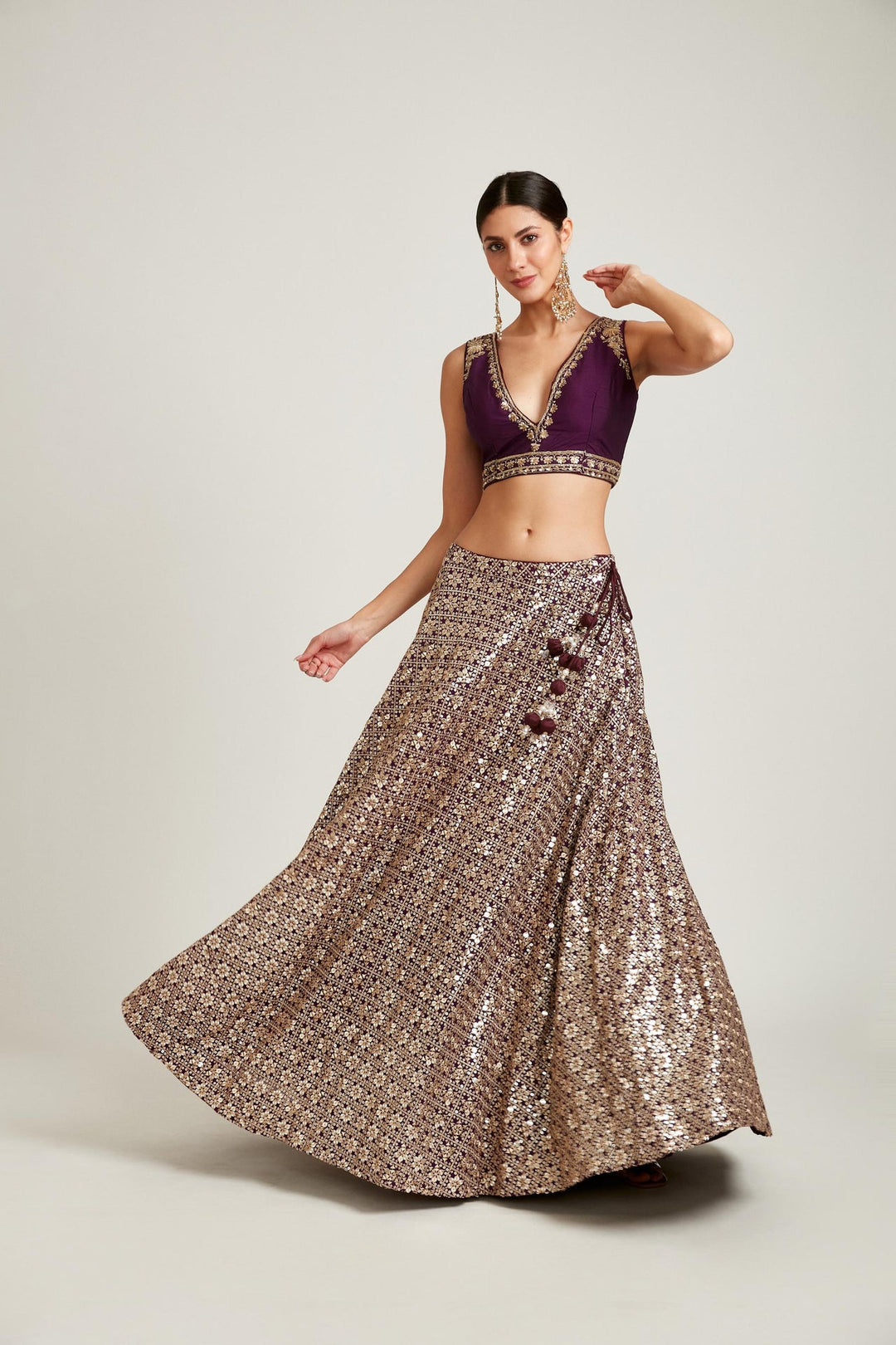 Neerus Purple georgette embroidered lehenga choli set - side view