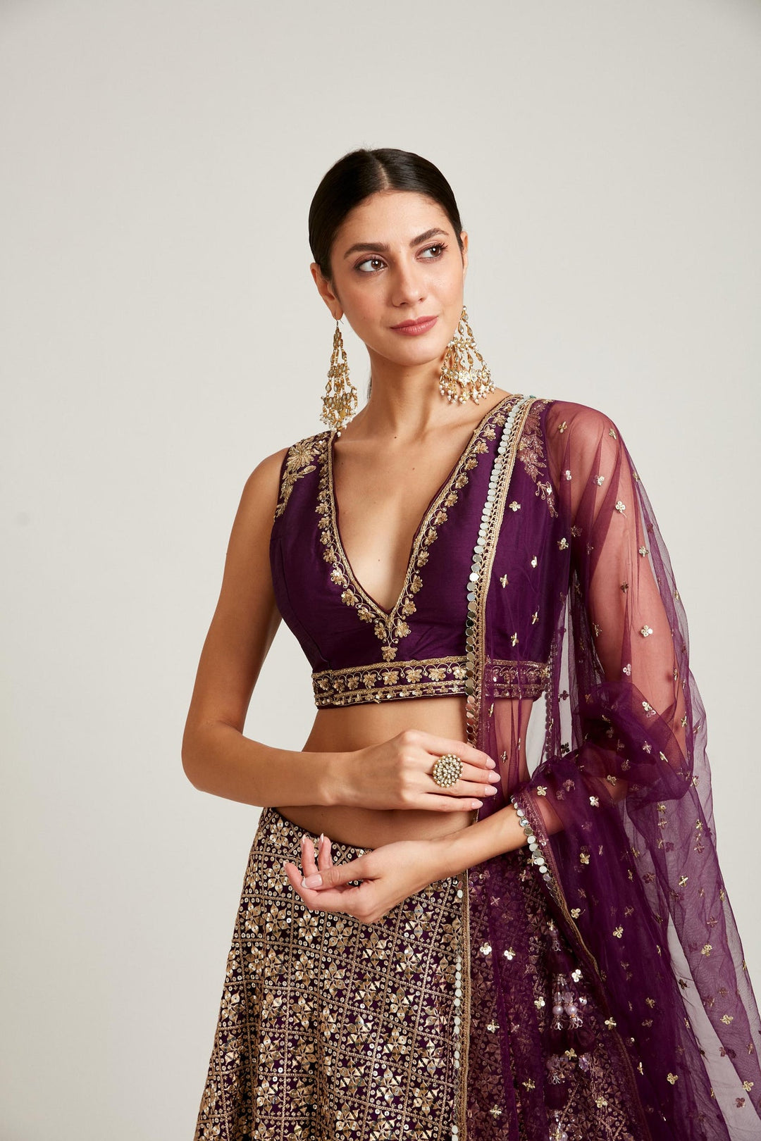 Neerus Purple georgette embroidered lehenga choli set - detail view 2