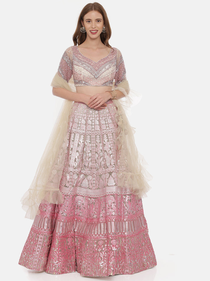Neerus Pink net embellished lehenga ghagra set - front view