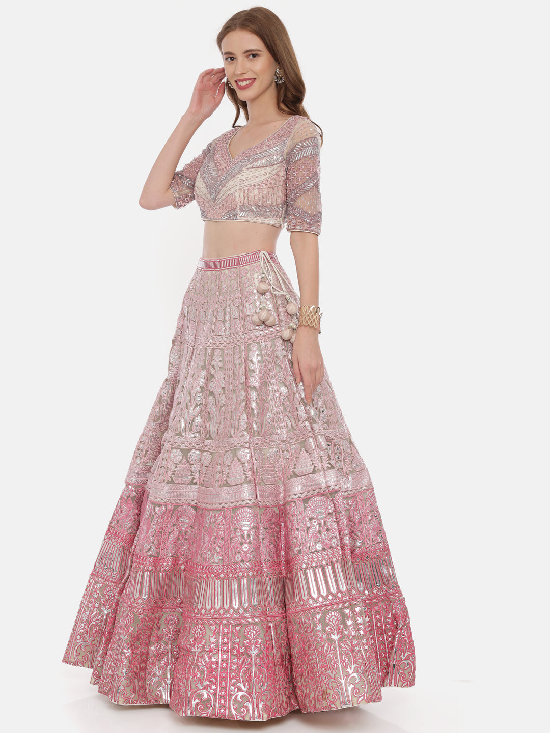 Neerus Pink net embellished lehenga ghagra set - detail view 1