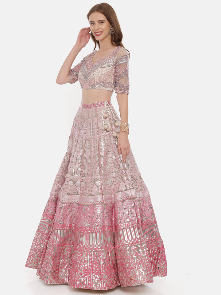 Neerus Pink net embellished lehenga ghagra set - detail view 1