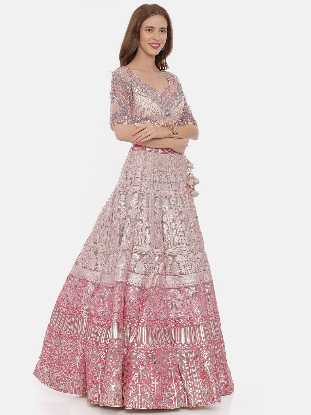 Neerus Pink net embellished lehenga ghagra set - detail view 2