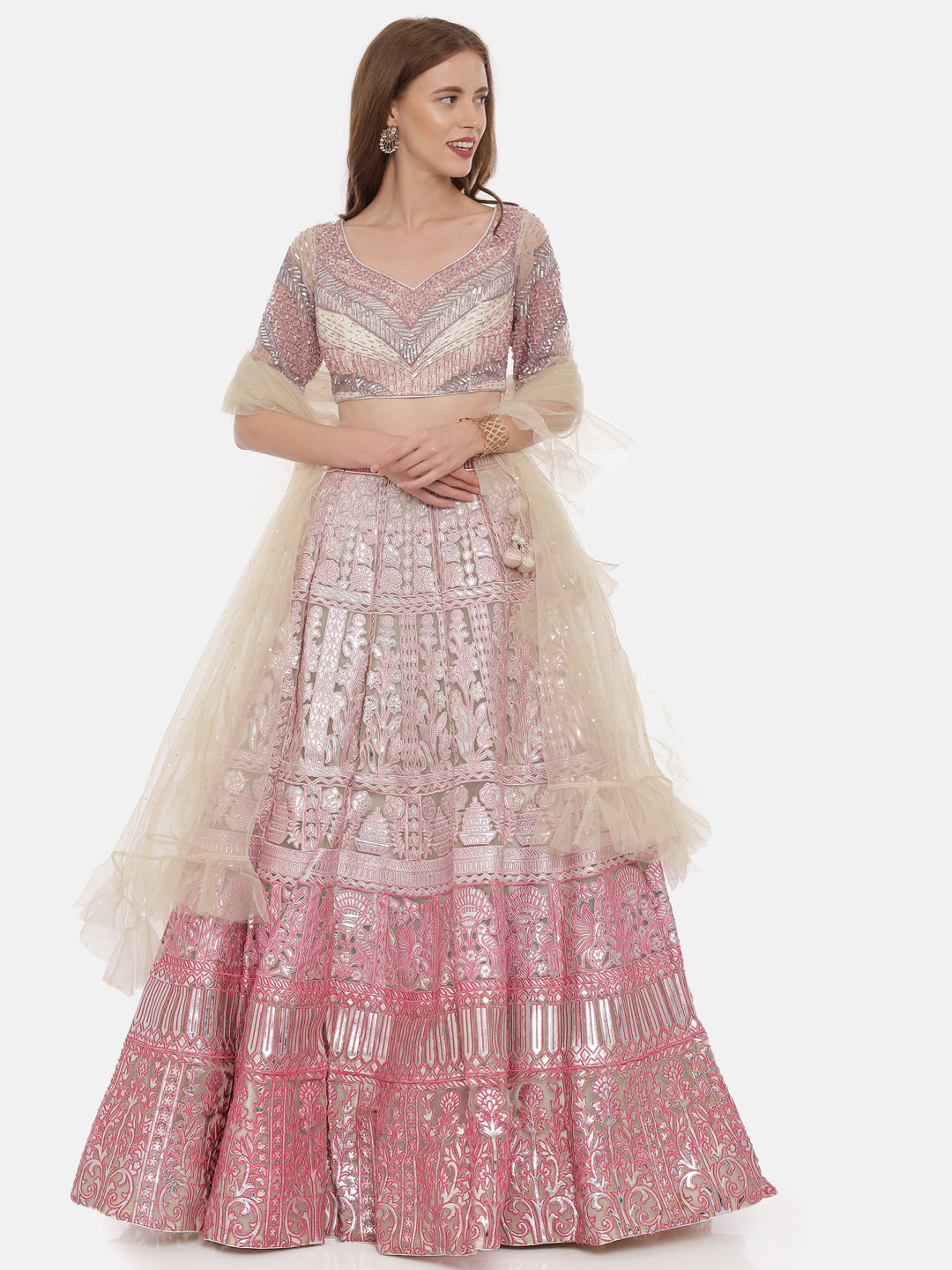 Neerus Pink net embellished lehenga ghagra set - detail view 4