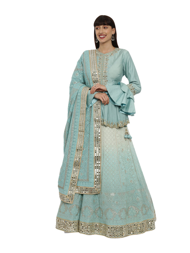 Neerus Blue chiffon chikankari lehenga set - front view