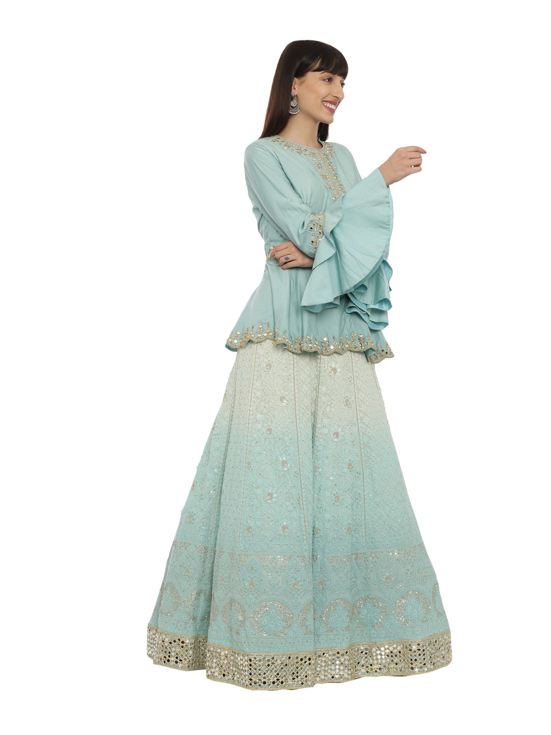 Neerus Blue chiffon chikankari lehenga set - side view