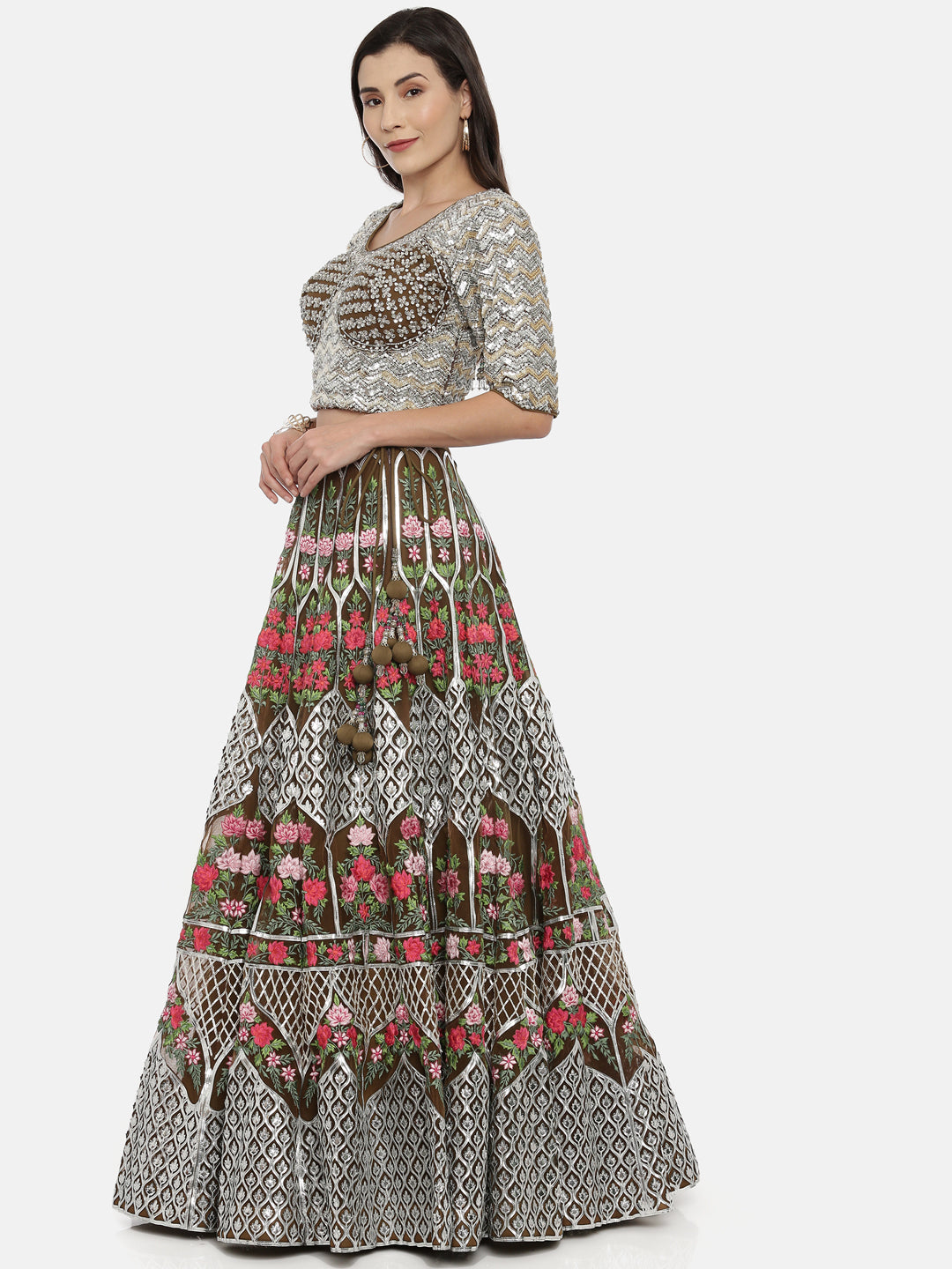Neerus Green net embellished lehenga set - detail view 1