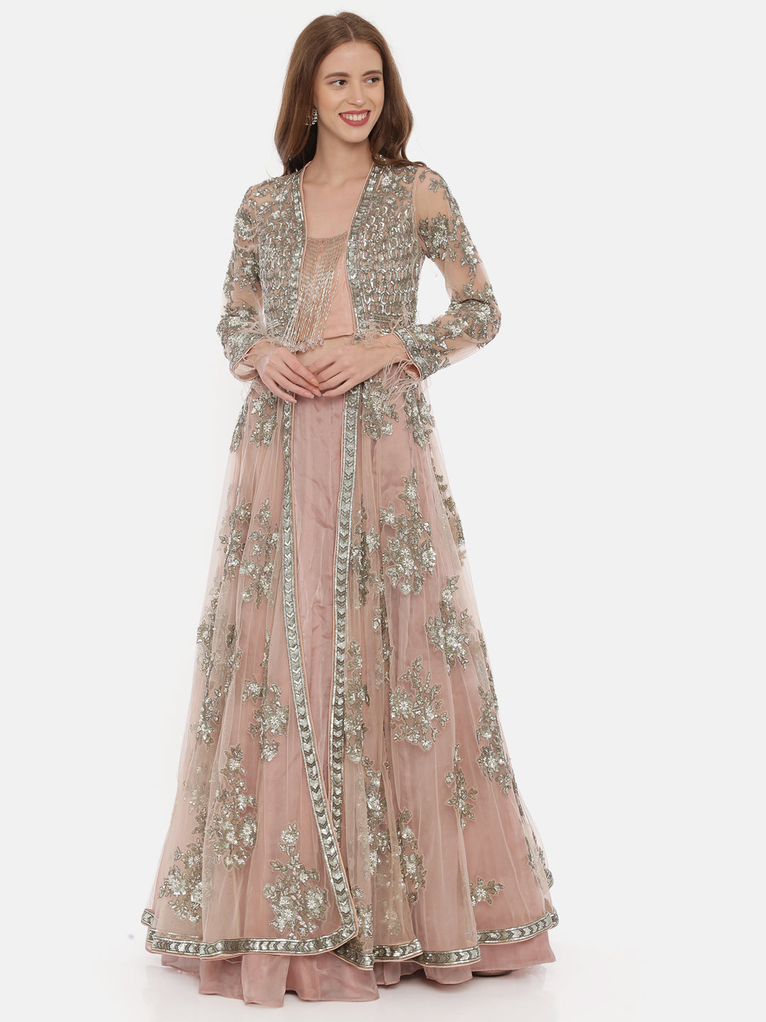 Neerus Pink net embellished lehenga set - detail view 3