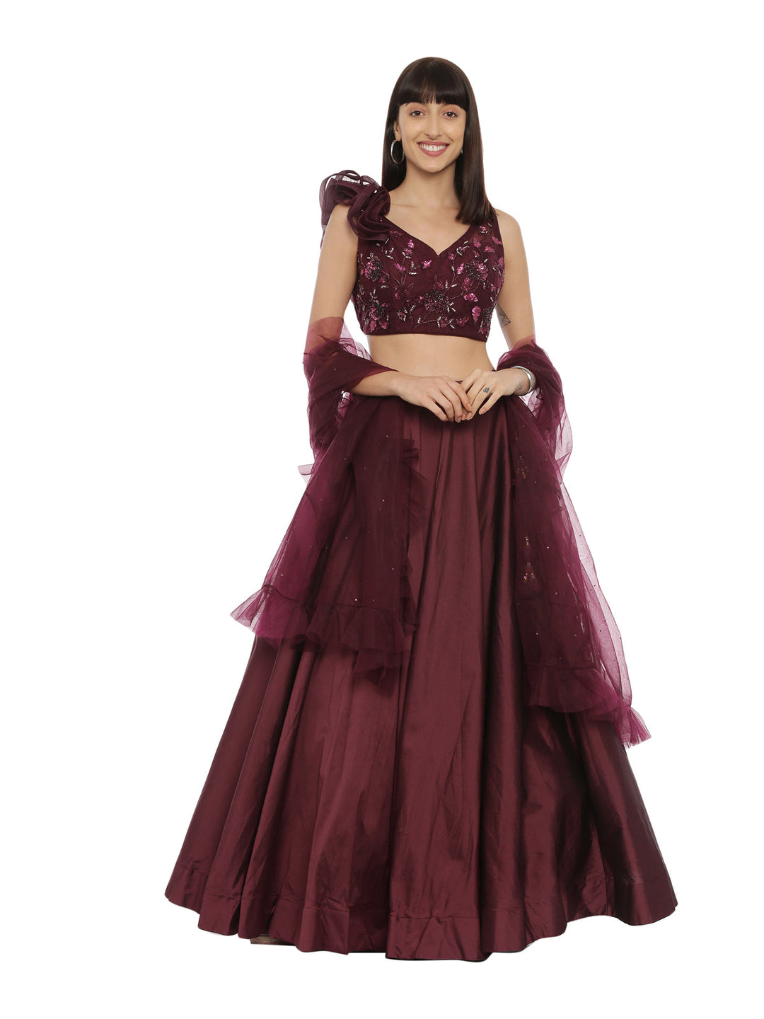 Neerus Maroon satin embellished lehenga set - detail view 1