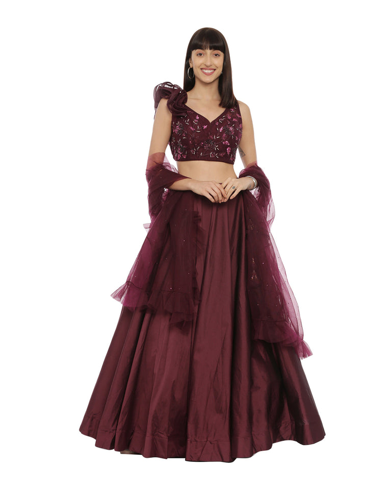 Neerus Maroon satin embellished lehenga set - detail view 1