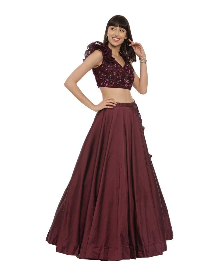 Neerus Maroon satin embellished lehenga set - front view