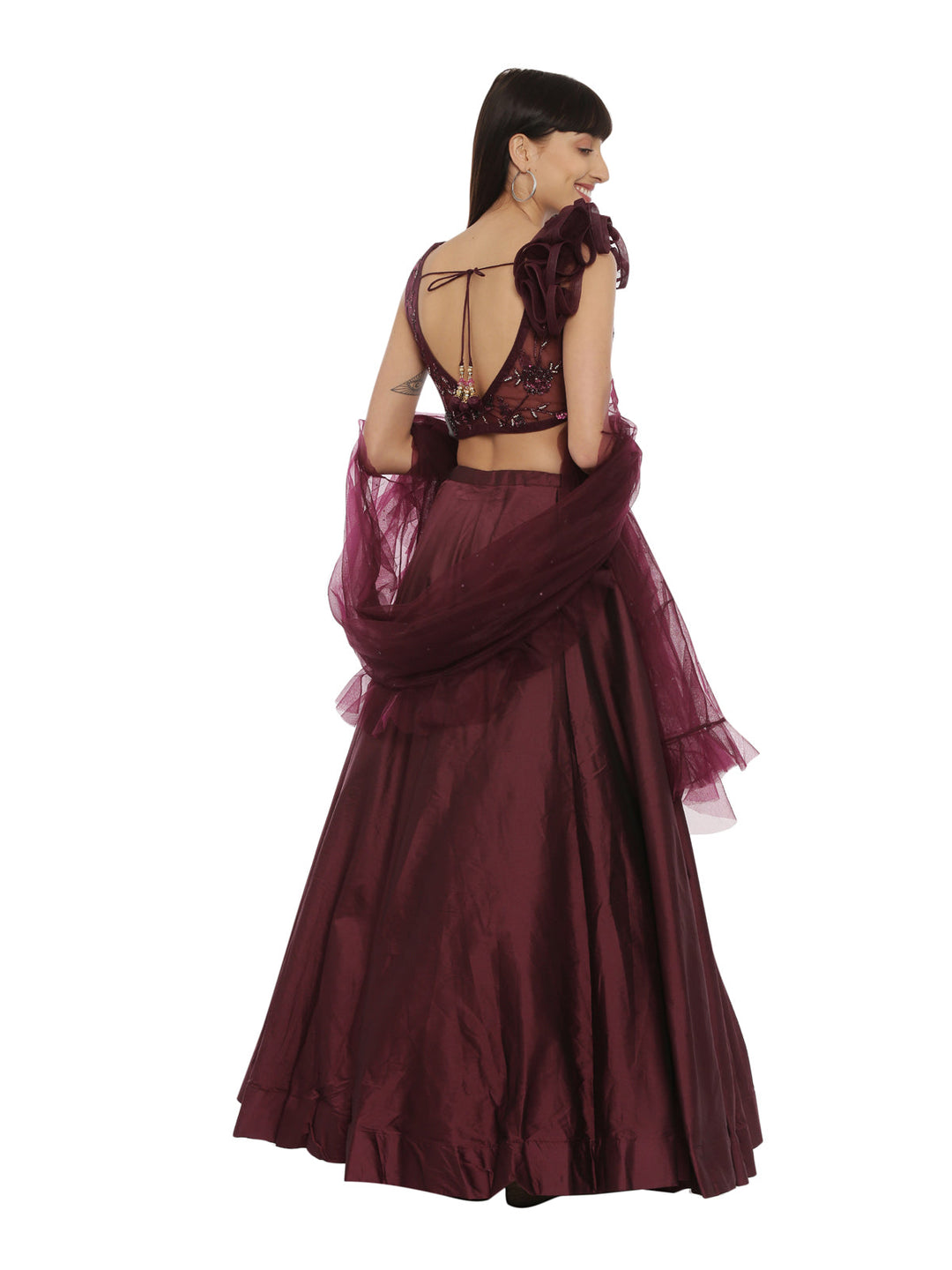 Neerus Maroon satin embellished lehenga set - back view