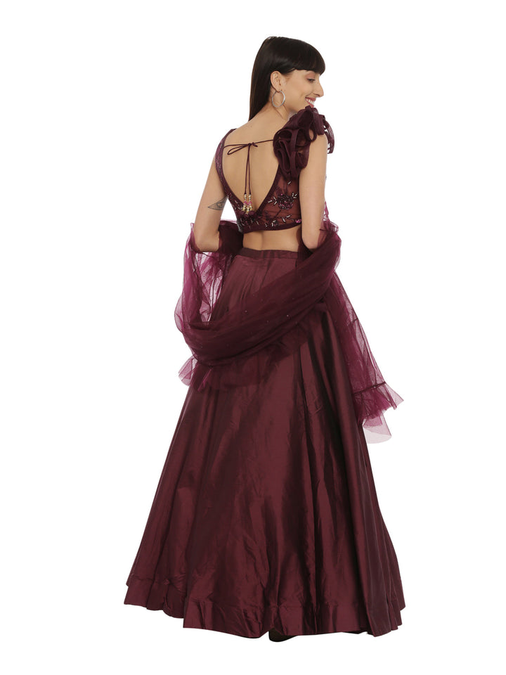 Neerus Maroon satin embellished lehenga set - back view