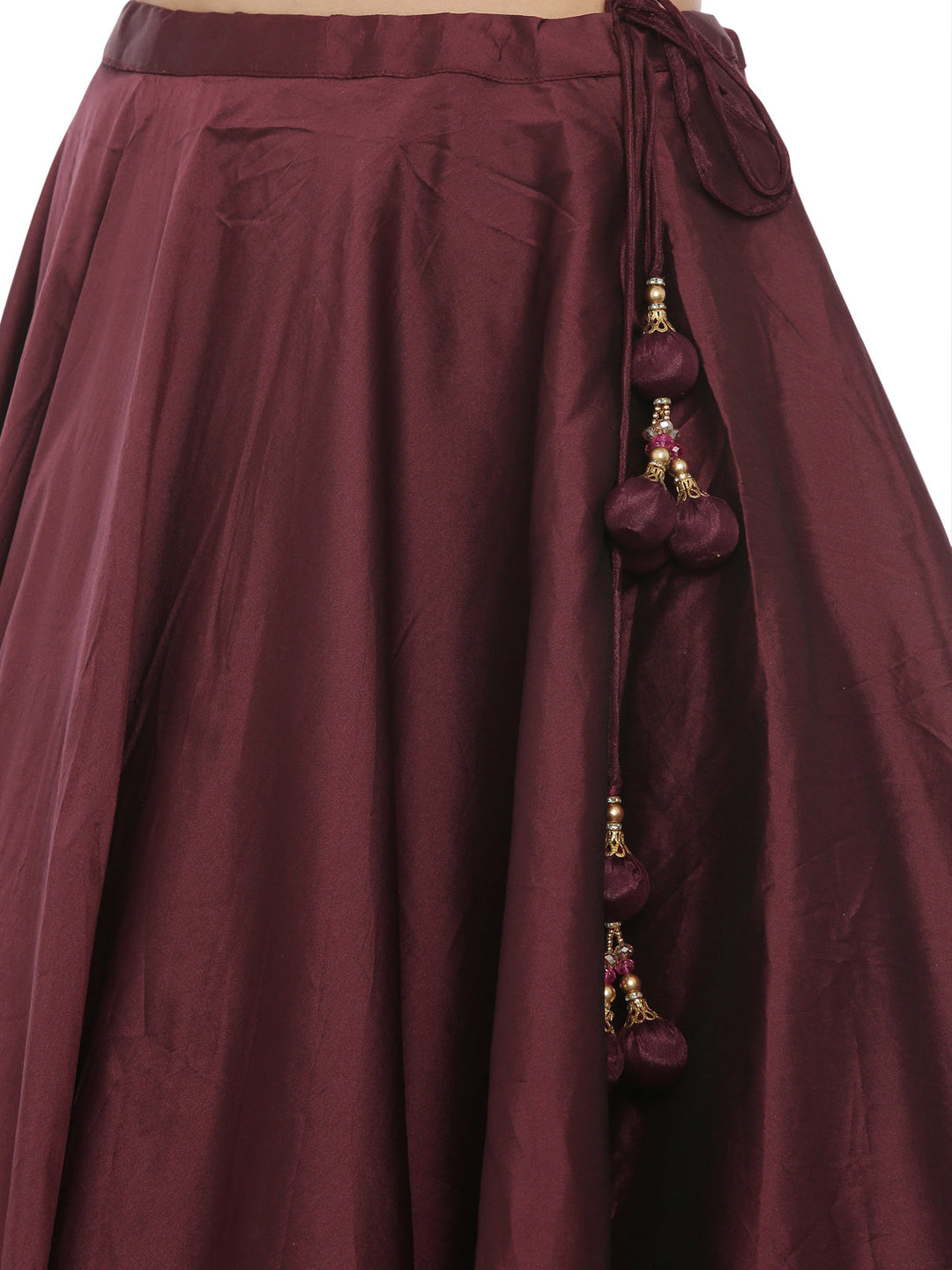Neerus Maroon satin embellished lehenga set - side view