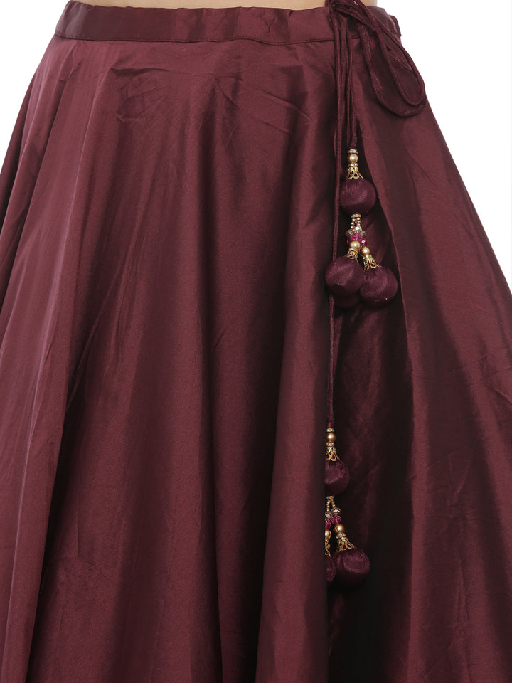 Neerus Maroon satin embellished lehenga set - side view