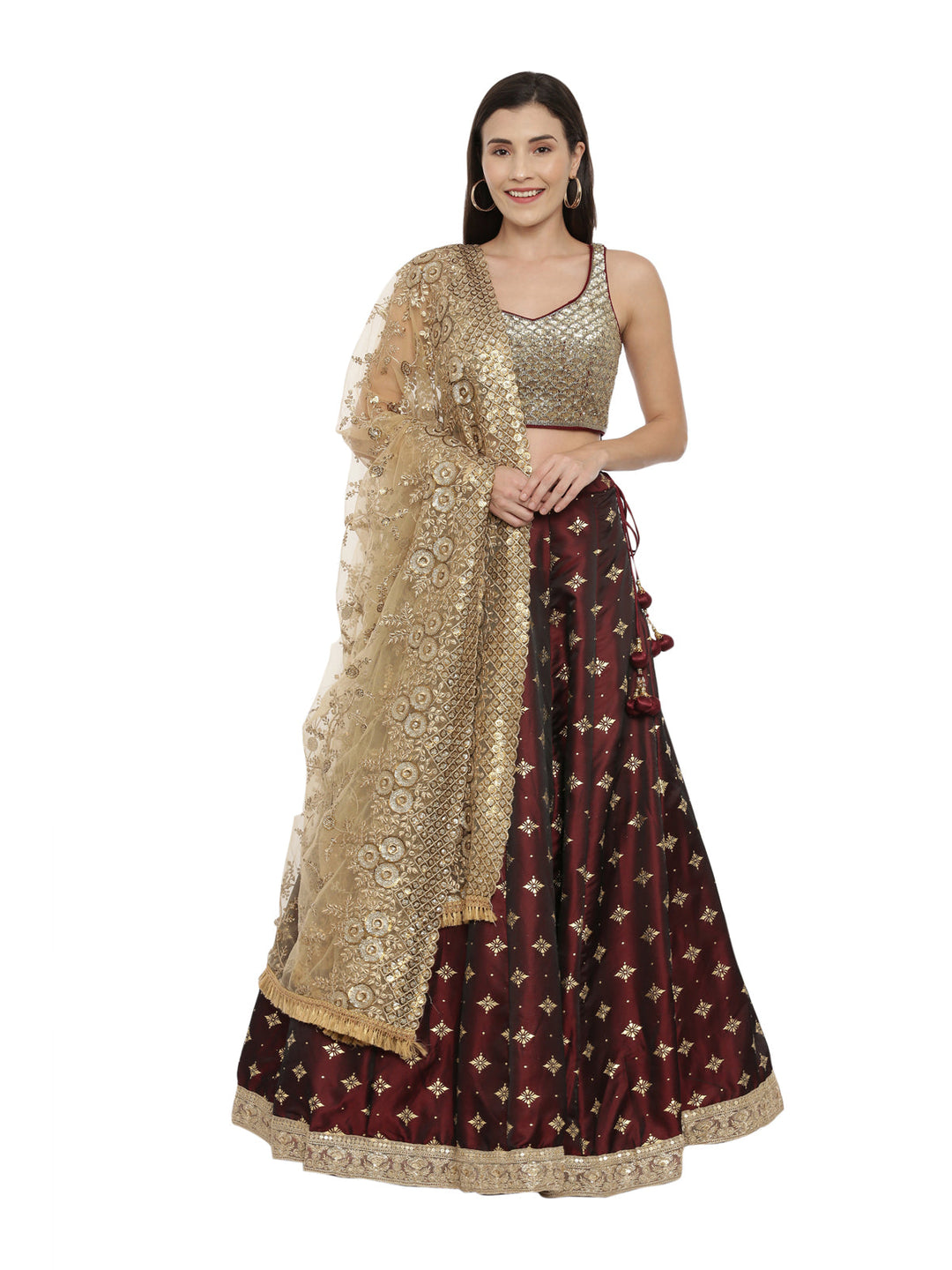 Neerus Maroon satin embellished lehenga ghagra set - front view