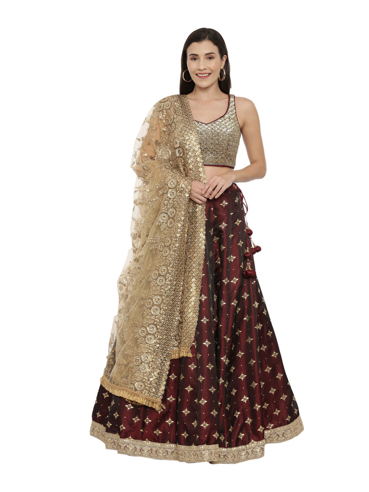 Neerus Maroon satin embellished lehenga ghagra set - front view