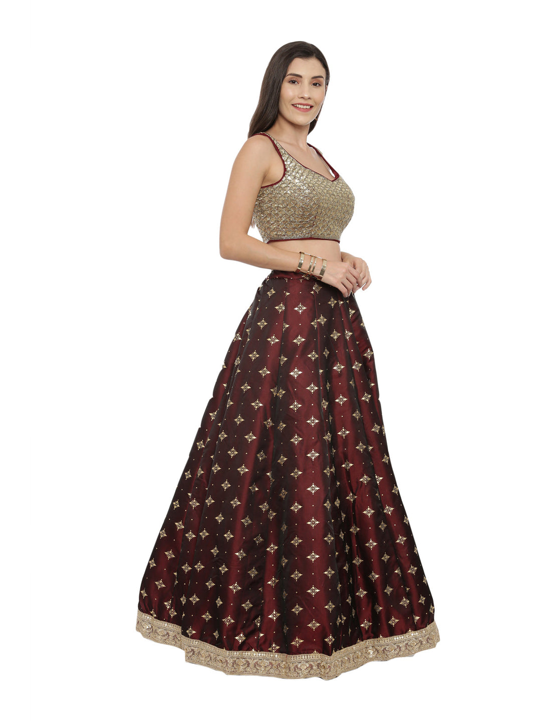 Neerus Maroon satin embellished lehenga ghagra set - detail view 1