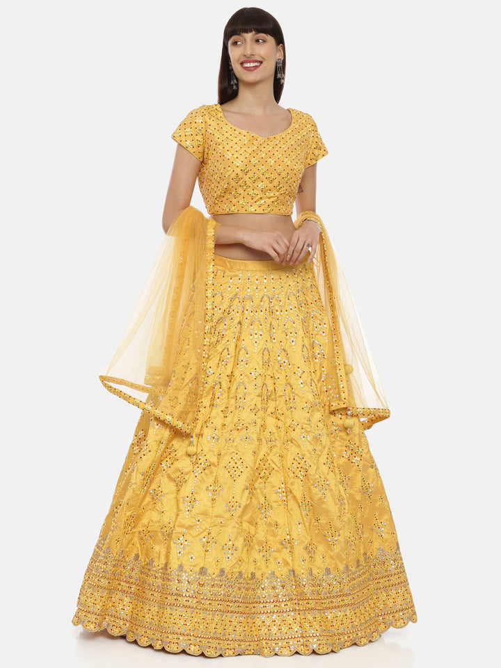 Neerus Yellow silk embellished lehenga ghagra set - detail view 4