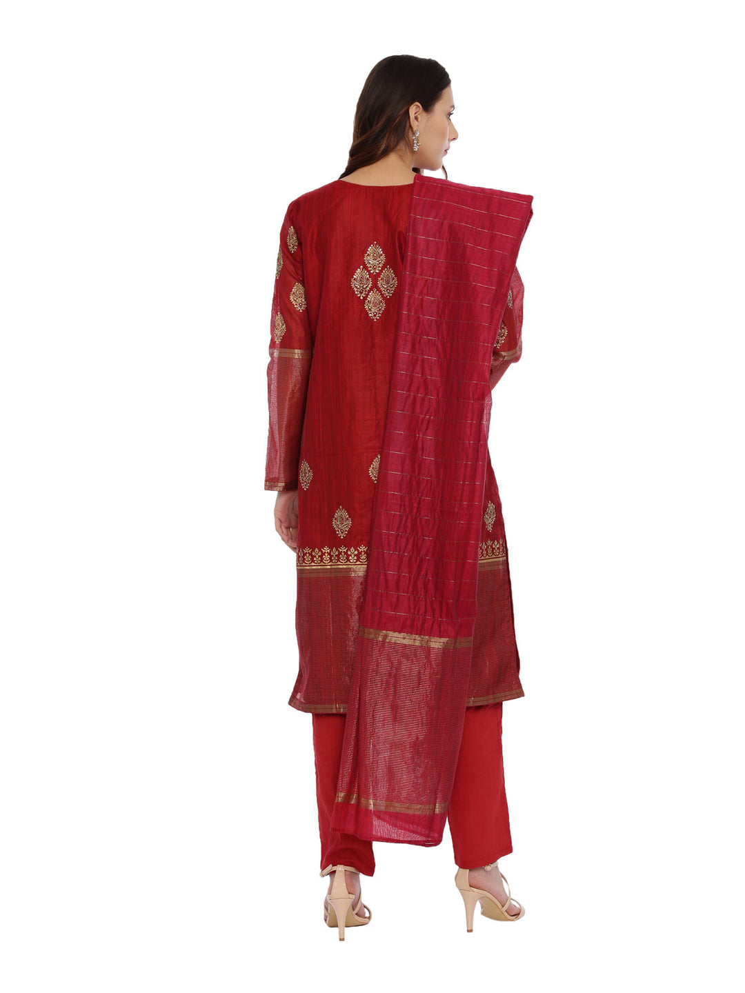 Neerus Maroon embellished kurta set with pant and dupatta - detail view 1