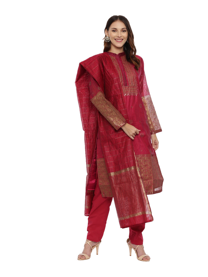 Neerus Maroon silk embellished kurta set - front view