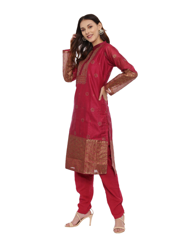 Neerus Maroon silk embellished kurta set - detail view 2
