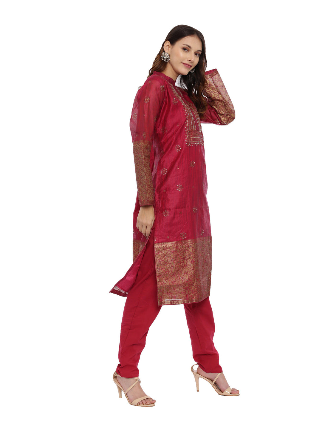 Neerus Maroon silk embellished kurta set - side view